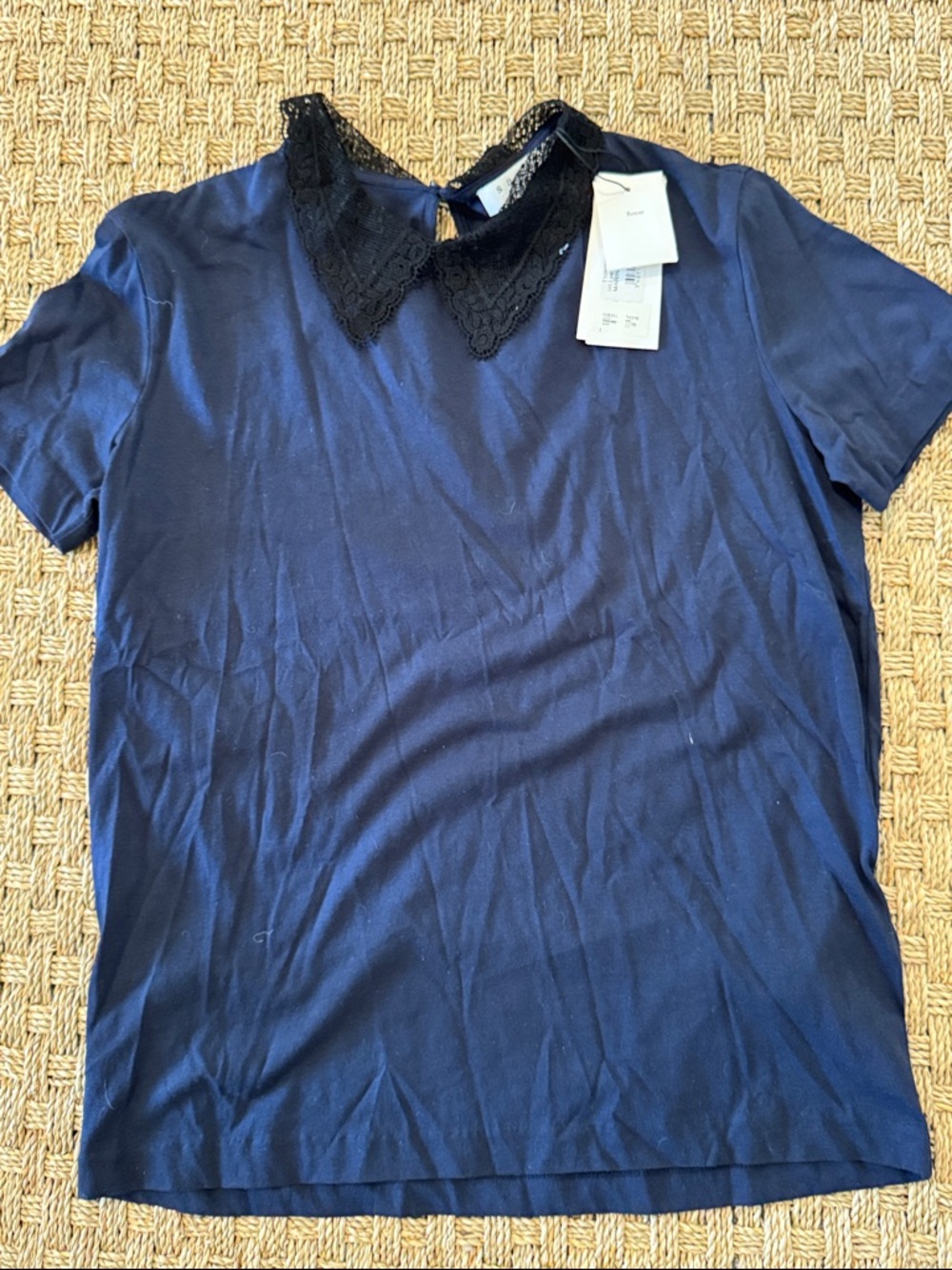 Sandro Navy Top with Black Lace Trim Sandro Size 1